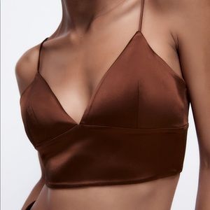 Zara Dark Brown Satin Effect Crop Top - Small